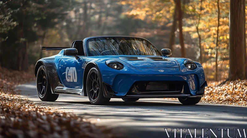 Blue Convertible Sports Car Amidst Fall Foliage AI Image