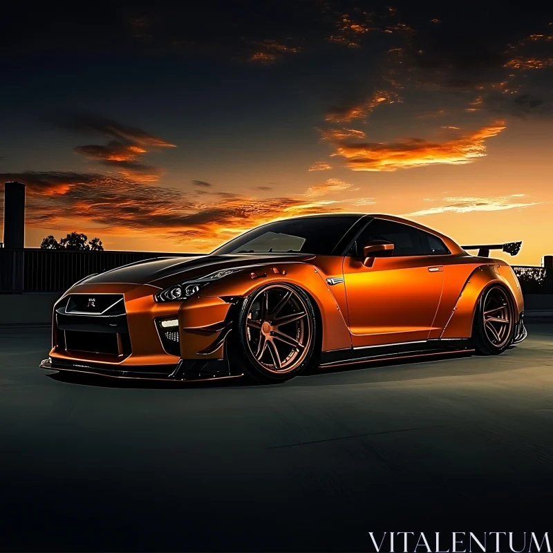 Sleek Orange Car Against Sunset Sky AI Image