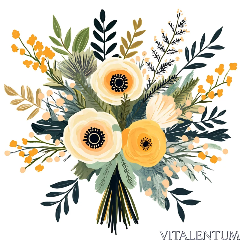 Floral Illustration with Yellow Bouquet AI Image