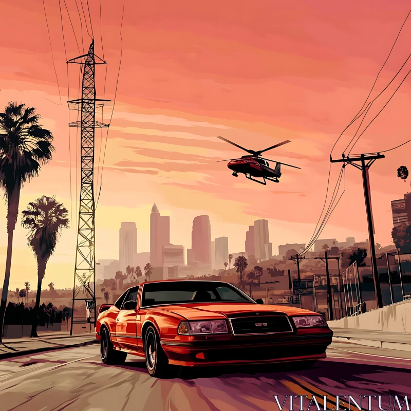 Urban Scene at Dusk with Car and Helicopter AI Image