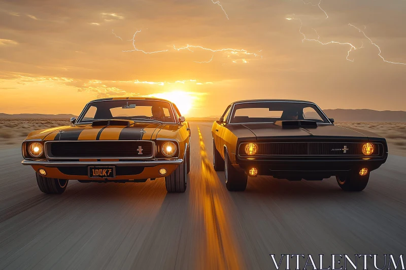 Vintage Muscle Cars at Sunset AI Image