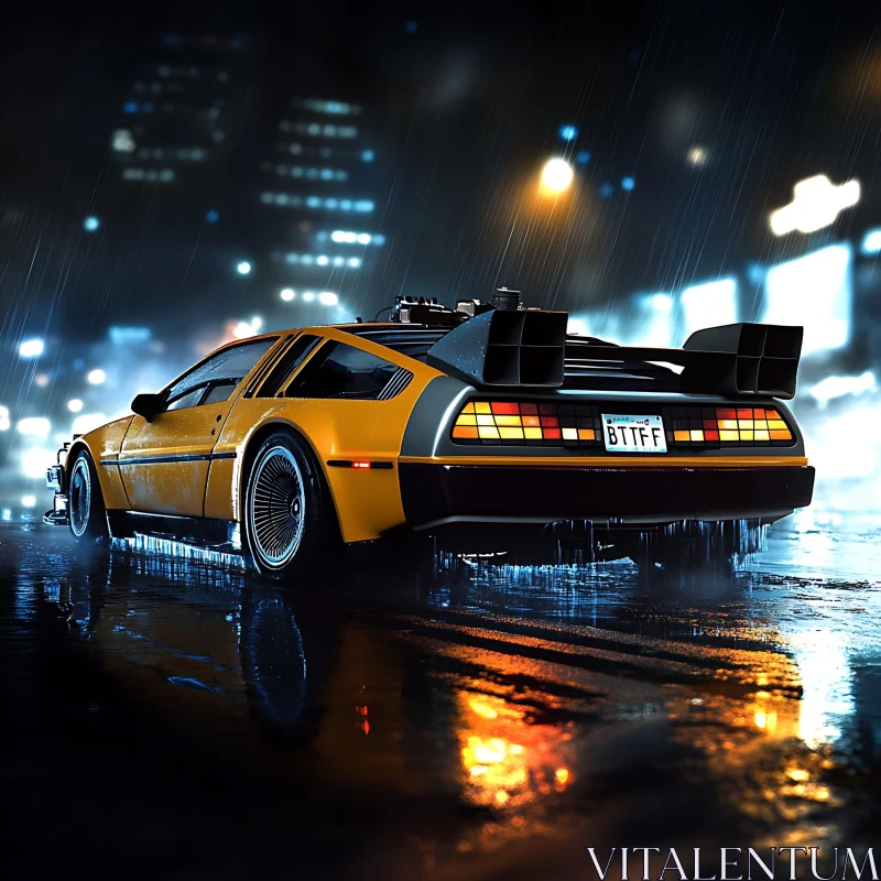 Futuristic Retro Car on Wet Street AI Image