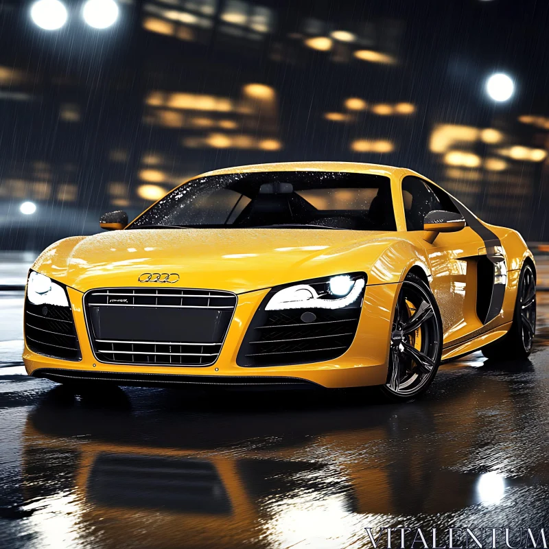 AI ART City Lights Reflecting off a Yellow Luxury Sports Car