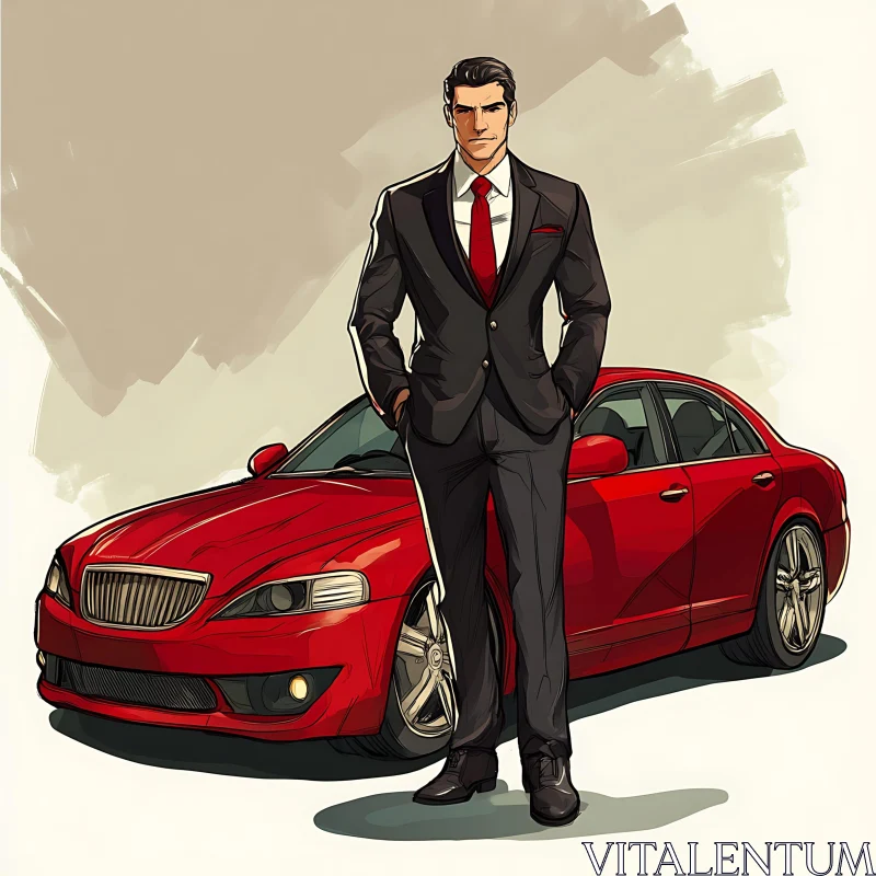 Confident Man in Suit with Red Car Illustration AI Image