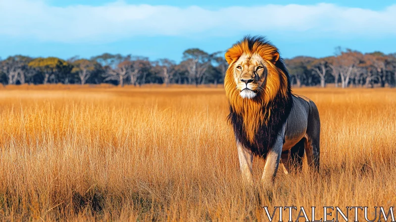 Lion Amidst Golden Savanna AI Image