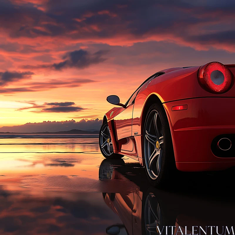 Sportscar in Sunset Reflection AI Image