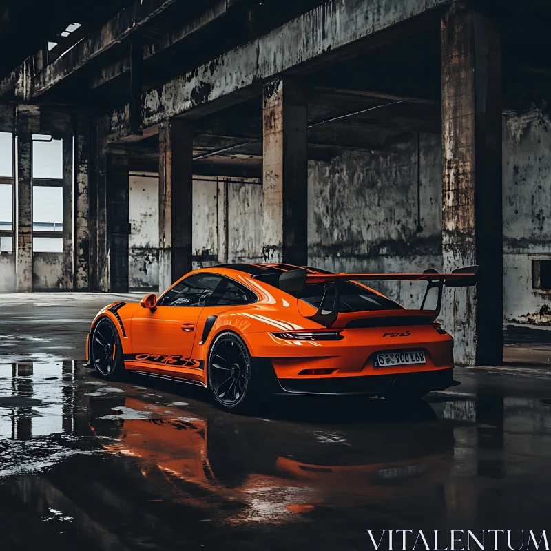 Orange Sports Car in Empty Factory AI Image