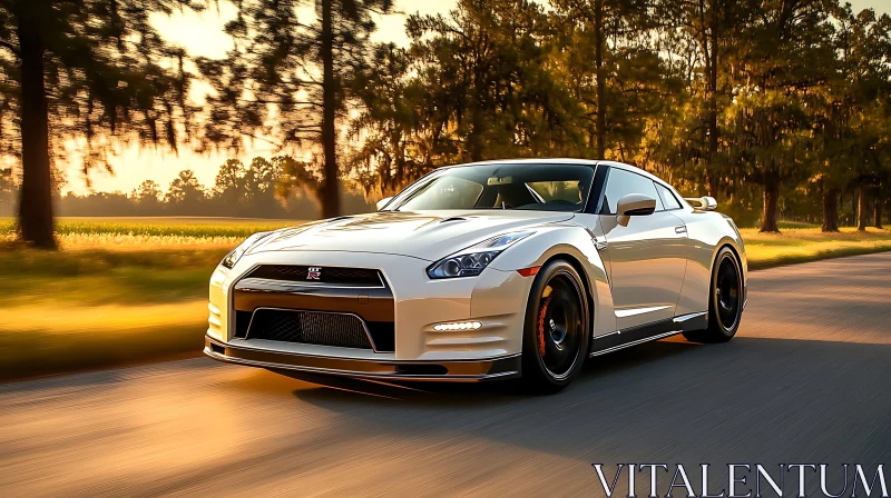 Sleek White Car on Serene Evening Drive AI Image