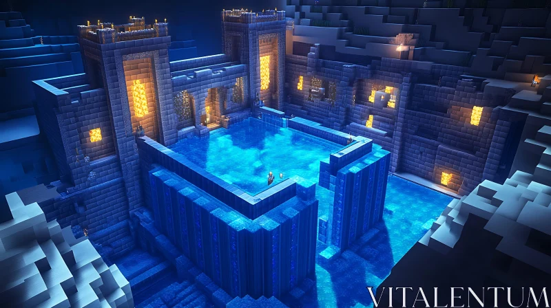 Mystical Night Castle with Blue Pool AI Image