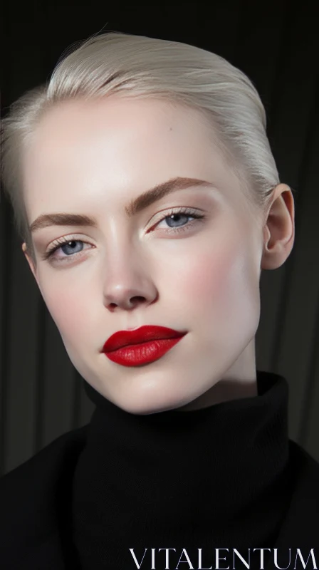 Captivating Woman with Black Turtle Neck and Red Lips AI Image