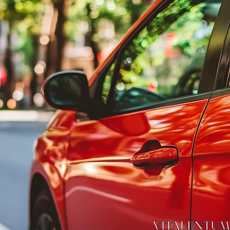 Red Car Parked on a Street in Summer AI Image