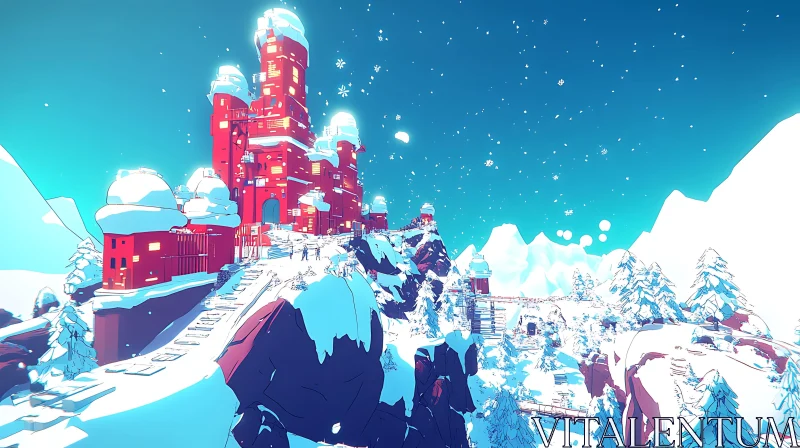 Majestic Red Castle in Winter Wonderland AI Image