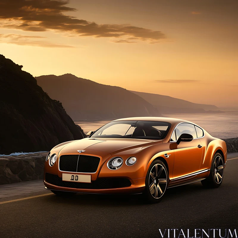 Luxurious Orange Car at Sunset on Coastal Road AI Image