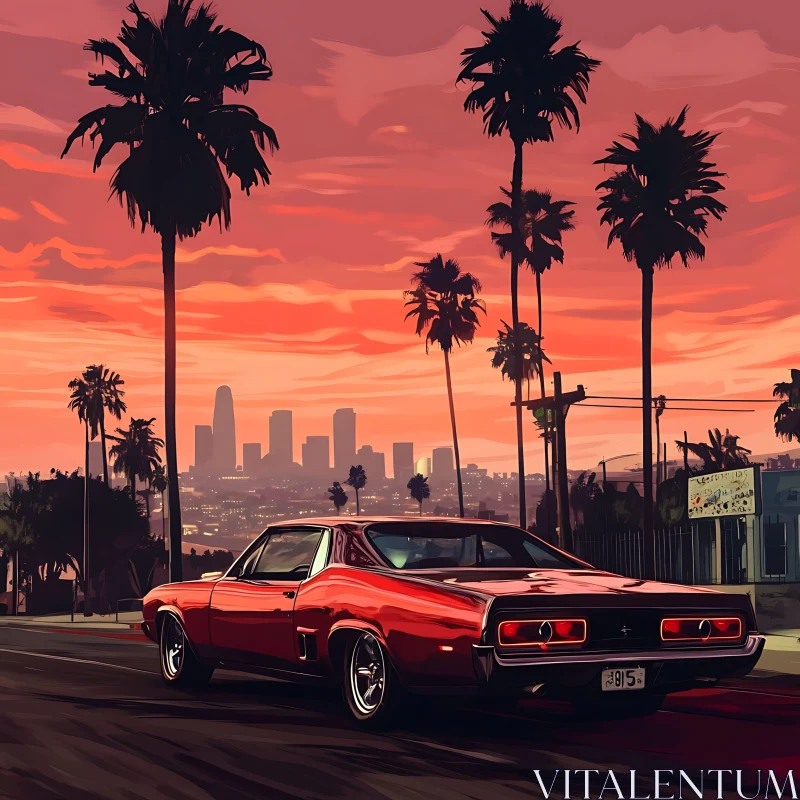 Retro Car and Urban Sunset with Palm Trees AI Image