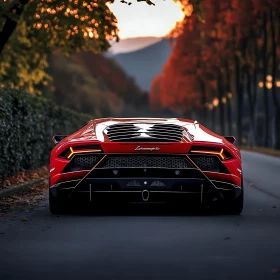 Luxury Red Sports Car Amidst Autumn Foliage