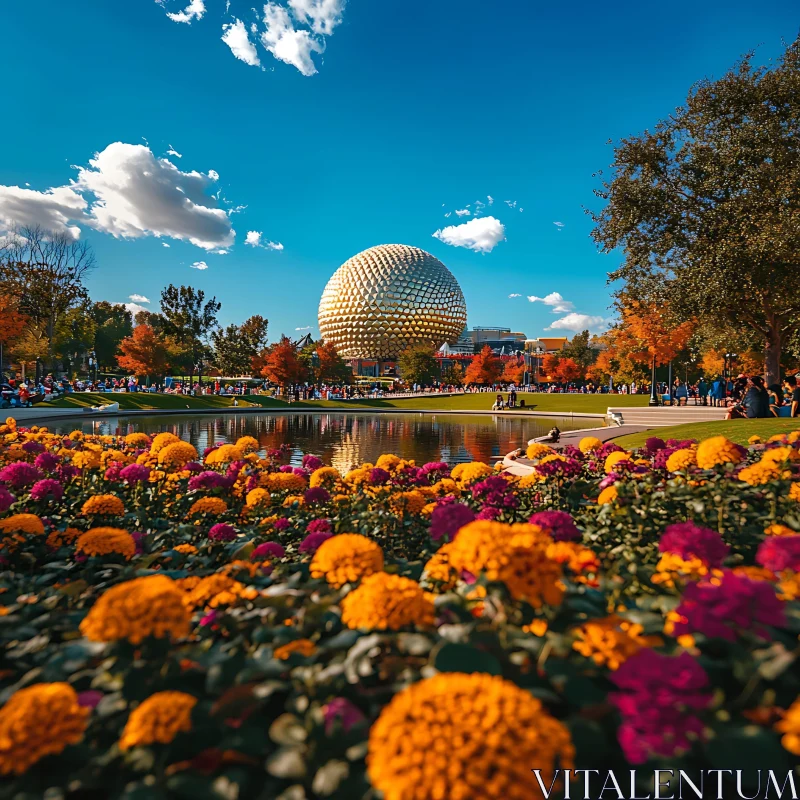 AI ART Autumnal Park with Golden Dome and Colorful Blooms