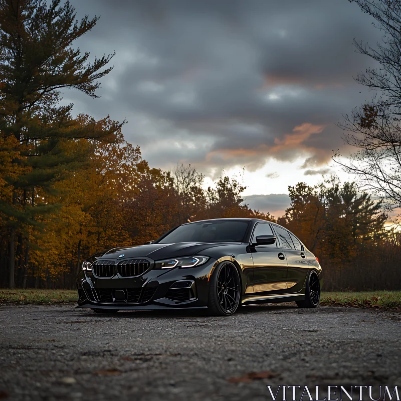 Luxury Black Car Amidst Autumn Trees at Sunset AI Image