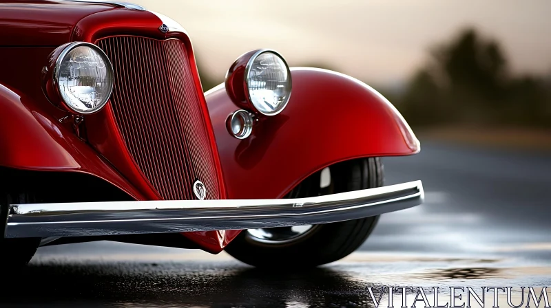 Elegant Red Vintage Auto with Prominent Headlights AI Image