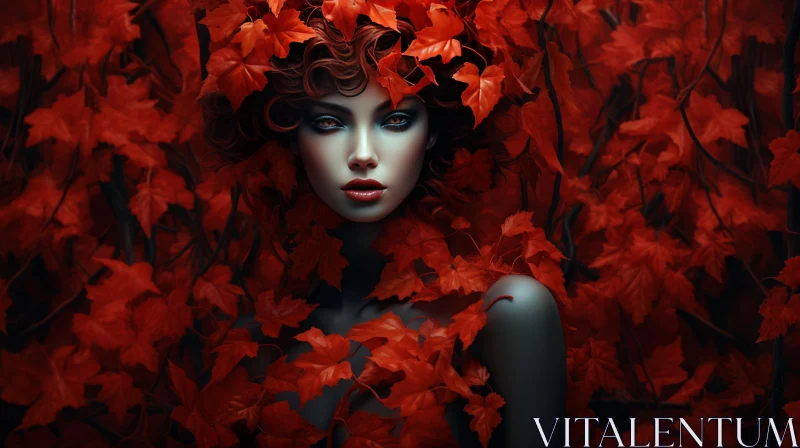 AI ART Captivating Dark Red Beauty Surrounded by Vibrant Red Leaves