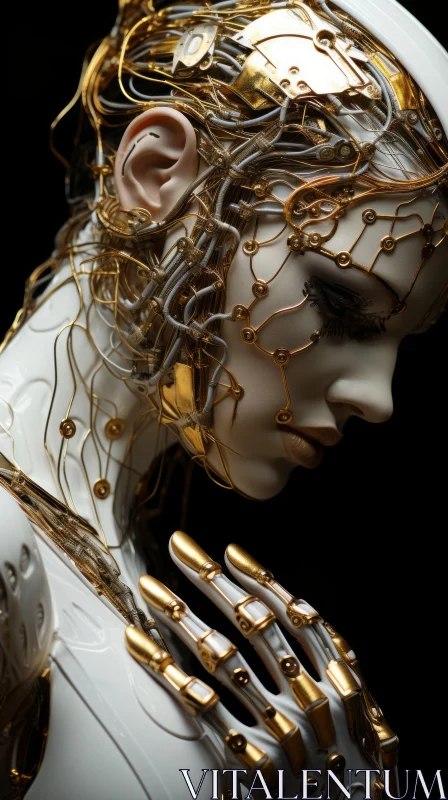 Gold Wired Cyborg Woman: A Study in Intricate Realism AI Image