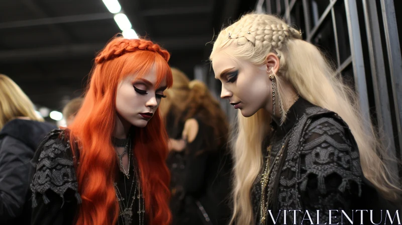 AI ART Gothic Chic Fashion: Two Red-Haired Women Walking with Lush Detailing