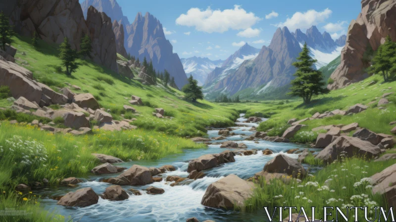 AI ART Mountain Stream and Meadow Painting: An Enchanting Adventure