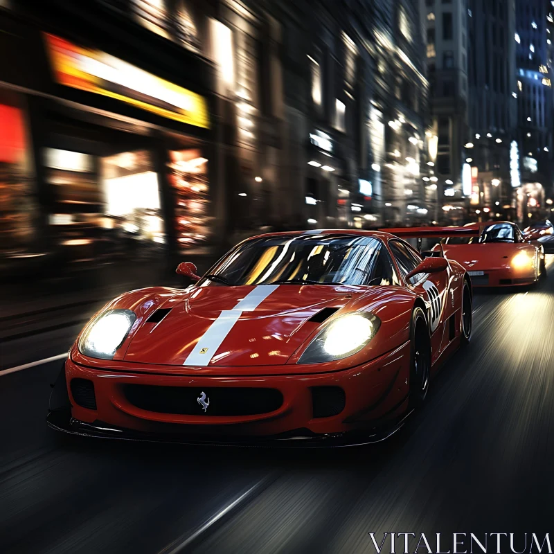 AI ART High-speed Red Car in Urban Nightscape