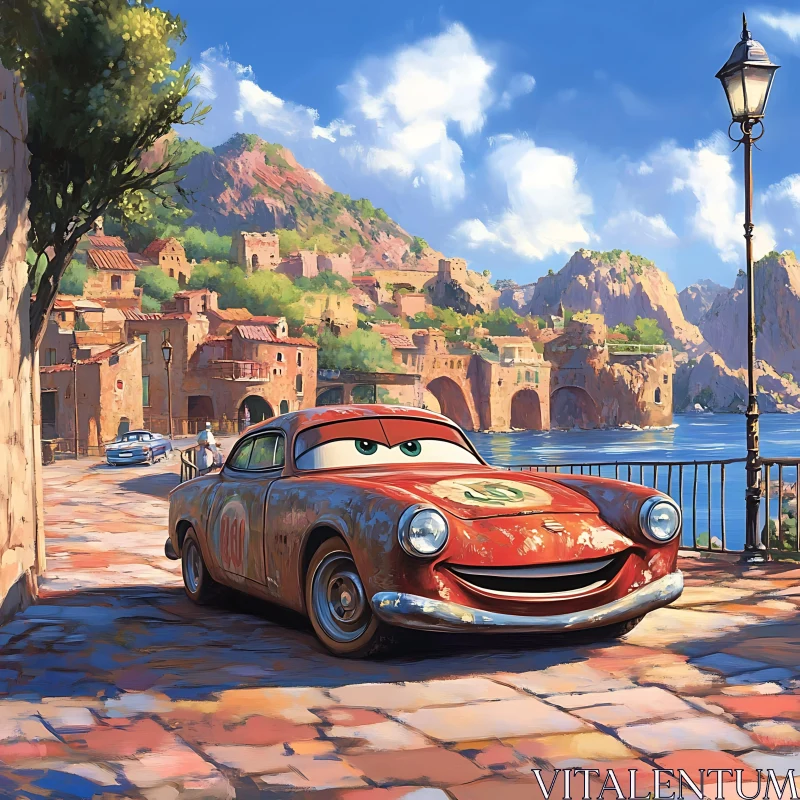 Anthropomorphic Car by the Seaside AI Image