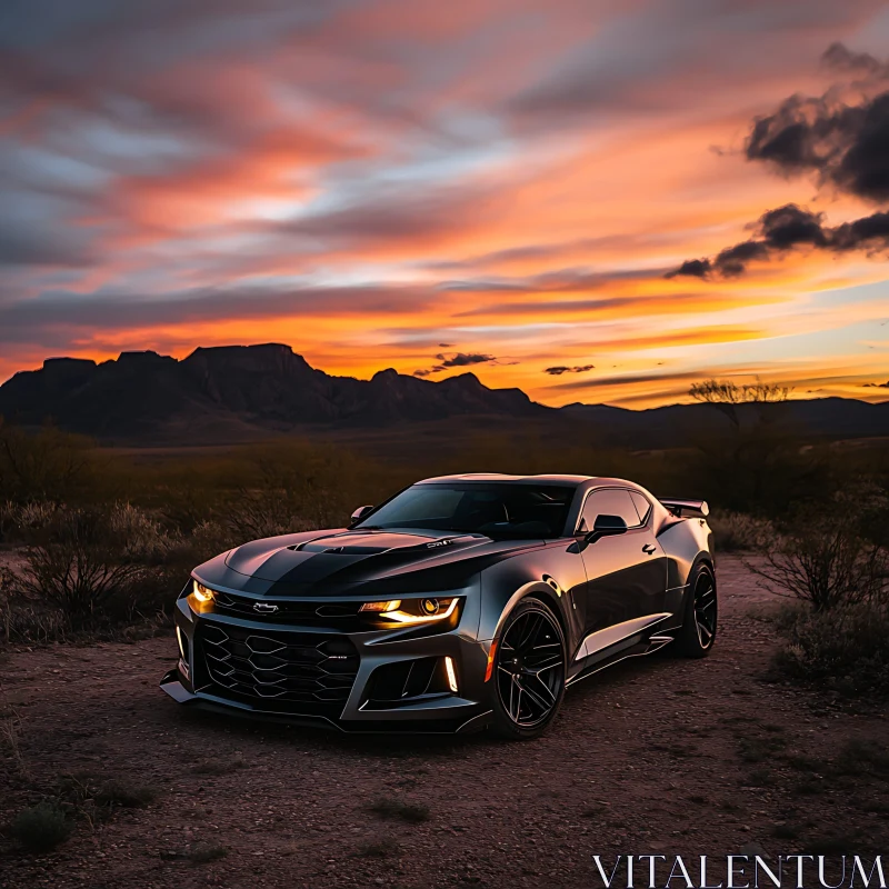 Sleek Car in Scenic Sunset Landscape AI Image