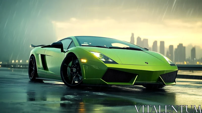 Green Sports Car Amidst Urban Rain AI Image