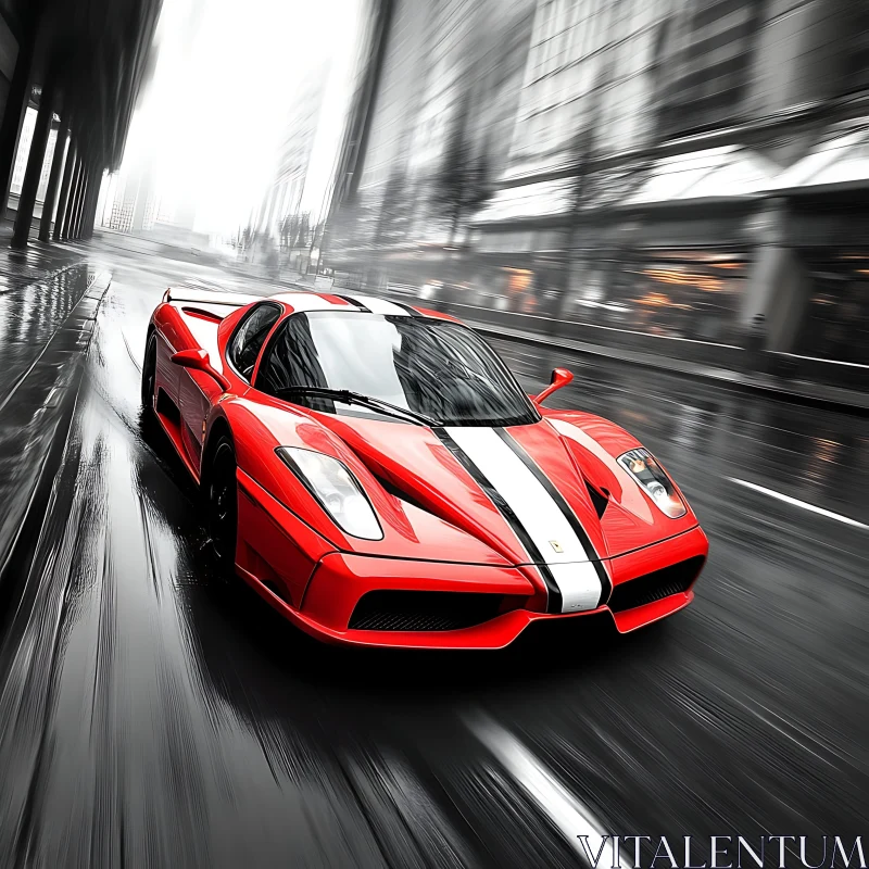 Sleek Red Supercar with Racing Stripe on Wet Road AI Image