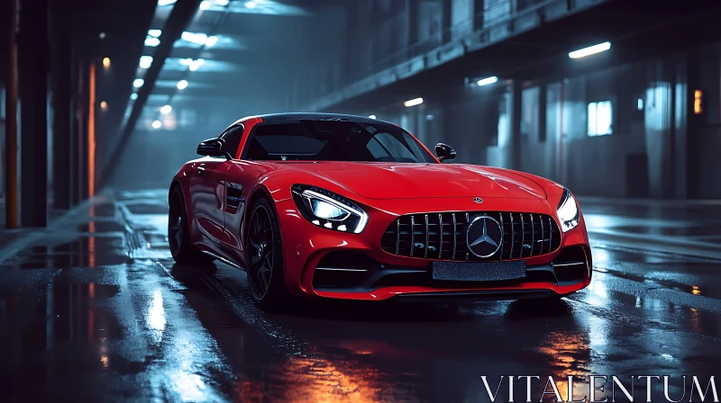 Luxury Red Sports Car Parked on Wet Street at Night AI Image