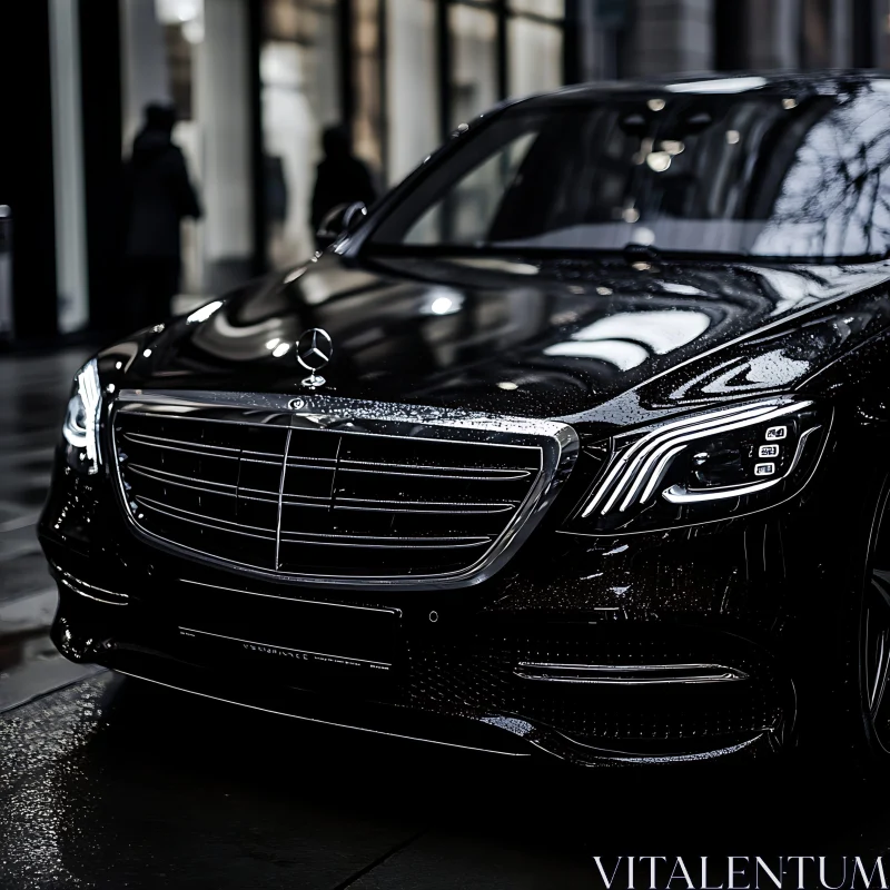 Sleek Black Car in Cityscape at Night AI Image