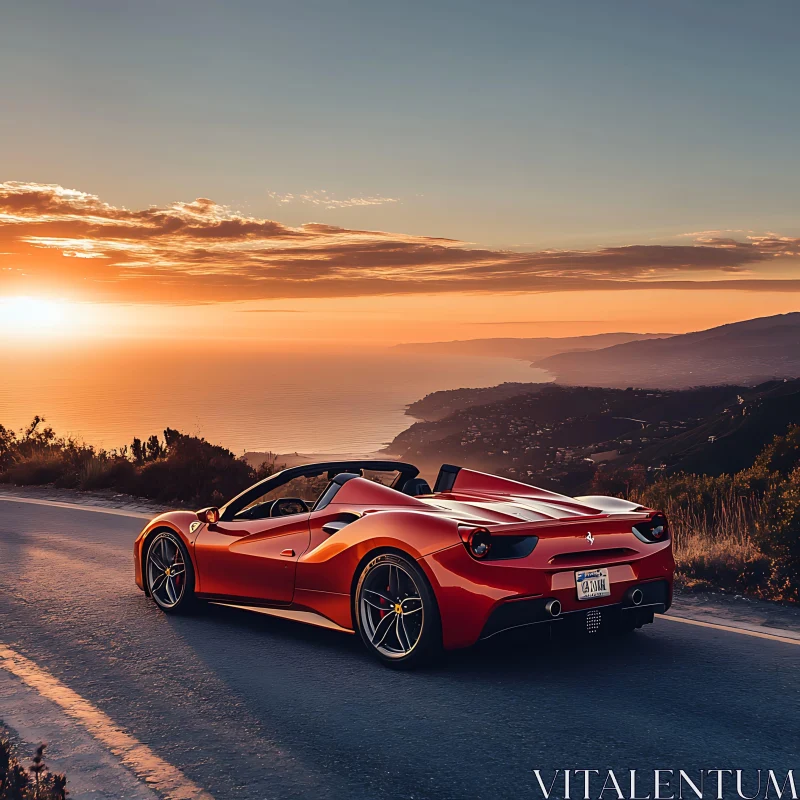 AI ART Luxury Red Car Overlooking Coastal Sunset Views