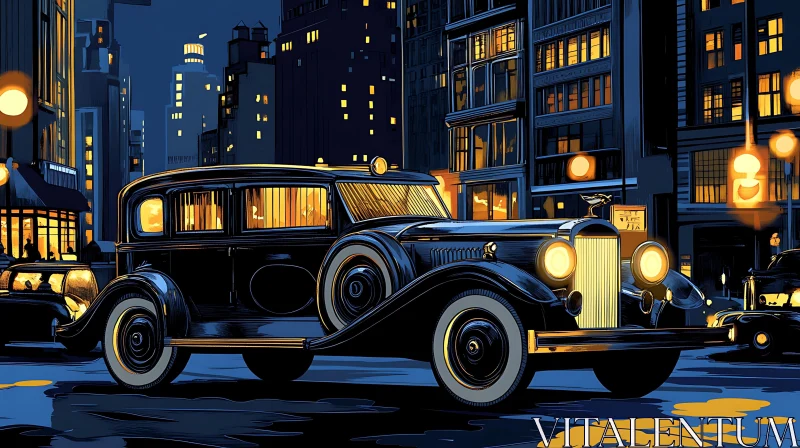 Retro Car in Urban Night Scene AI Image