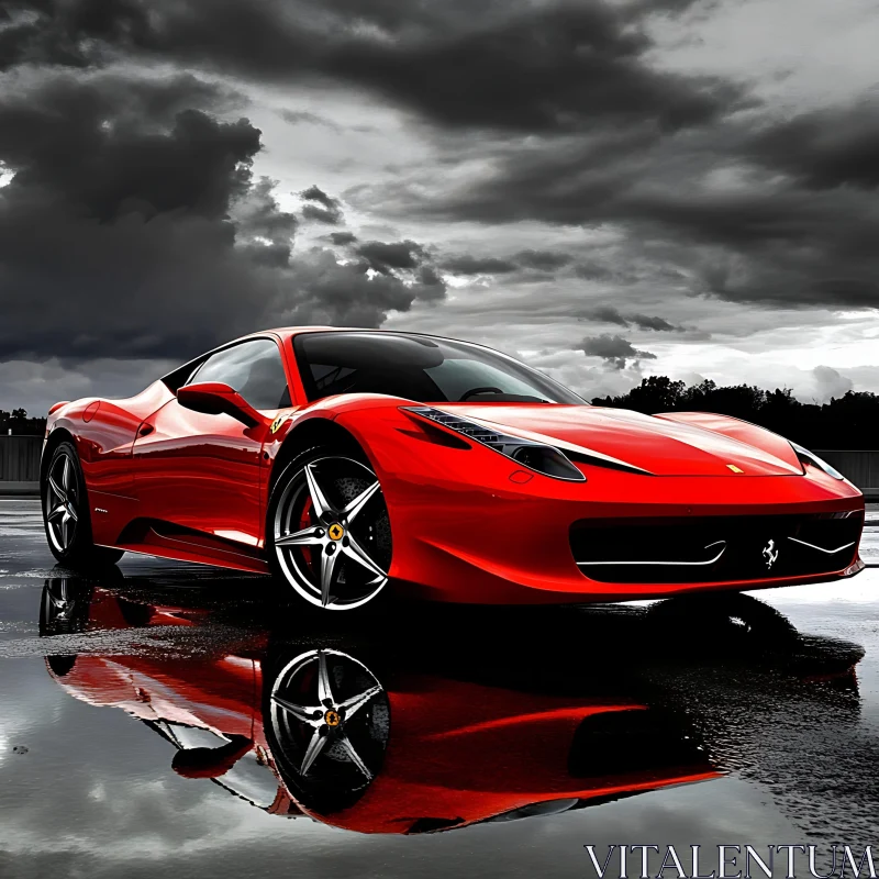 Red Luxury Vehicle Reflected on Wet Pavement AI Image