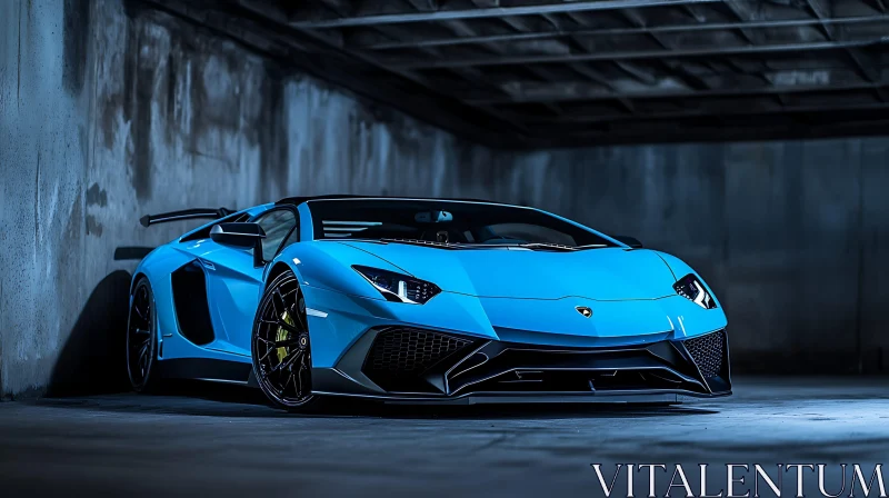 Elegant Blue Sports Car in a Dimly Lit Garage AI Image