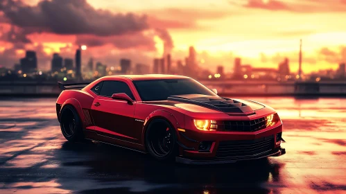 Racing Car on Wet Rooftop at Sundown