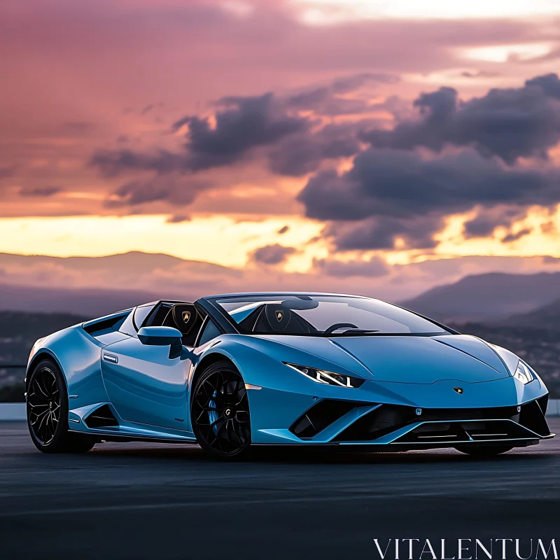 Blue Sports Car with Sunset Backdrop Blue Sports Car with Sunset Backdrop