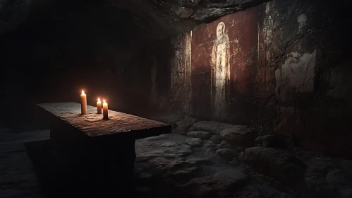 Dimly Lit Ancient Cave with Altar and Enigmatic Wall Painting