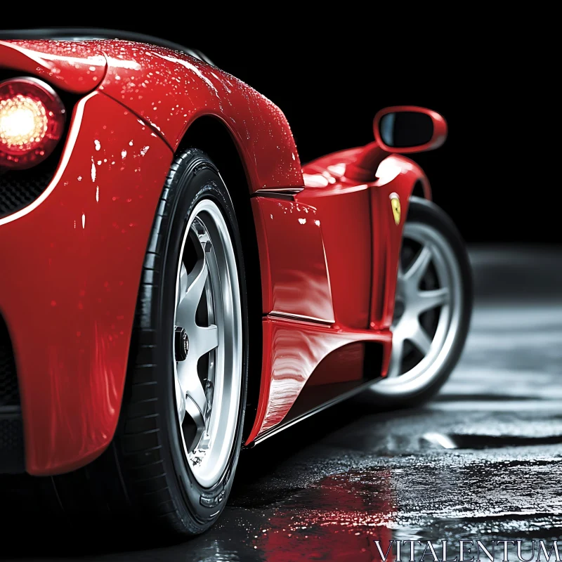 Detailed View of a Red Luxury Car in Rain Detailed View of a Red Luxury Car in Rain
