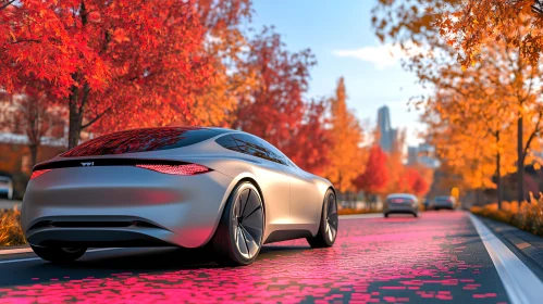 Futuristic Silver Car Amidst Autumn Urban Landscape