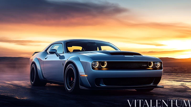 Muscle Car at Sunset with Headlights On Muscle Car at Sunset with Headlights On