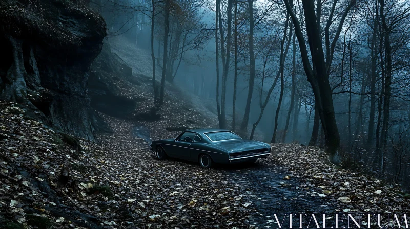 Vintage Car on Misty Forest Road