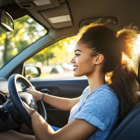 Happy Woman Enjoying a Drive on a Sunny Day