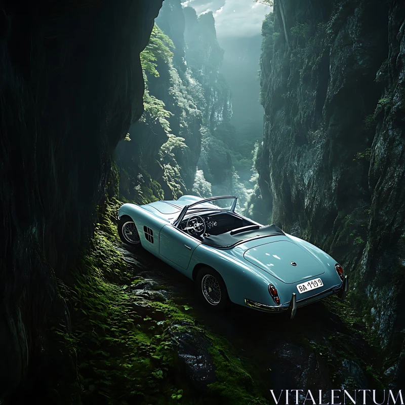 Vintage Convertible Car in Lush Mountain Gorge AI Image