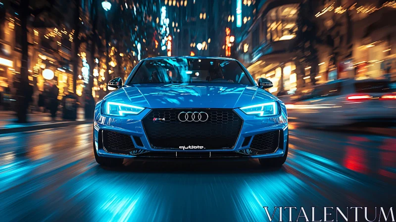 Night Drive: Blue Sports Car in City Lights Night Drive: Blue Sports Car in City Lights