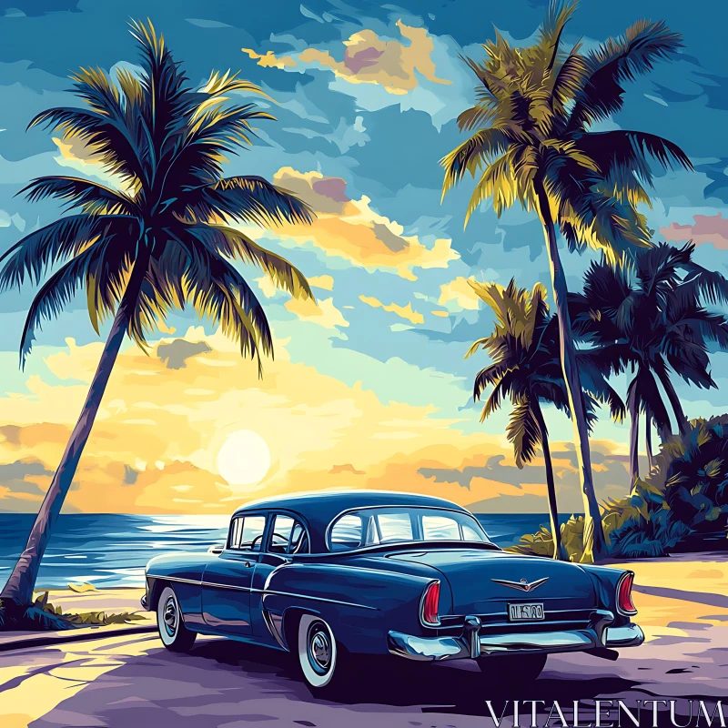 Tropical Beach Sunset with Vintage Car Art Tropical Beach Sunset with Vintage Car Art
