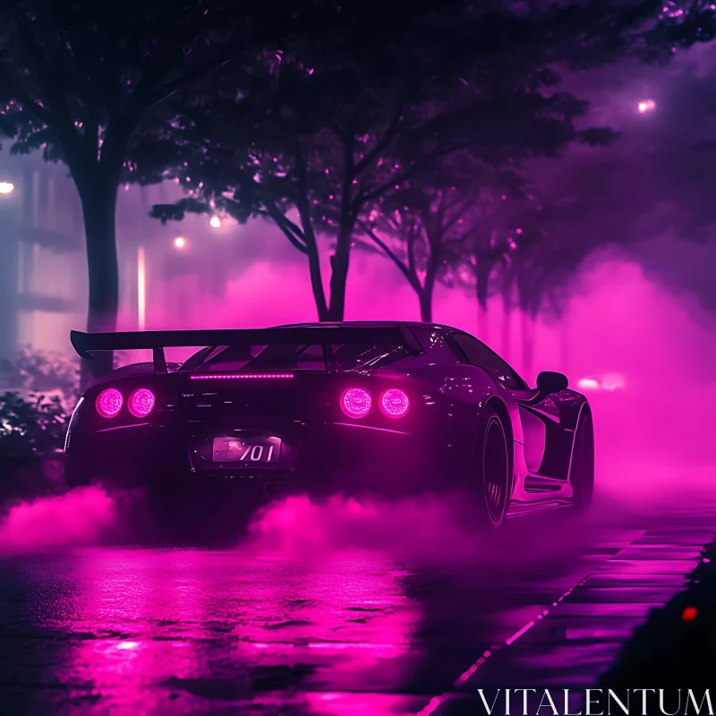 Purple Neon Car Driving at Night AI Image