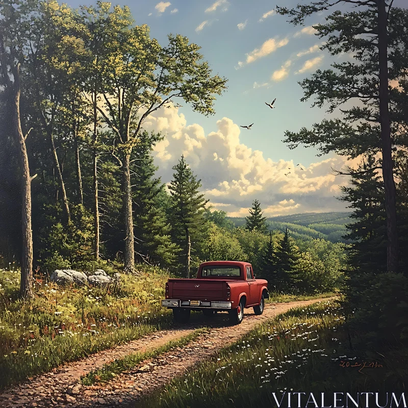 Scenic Forest Trail with Red Pickup Truck Scenic Forest Trail with Red Pickup Truck